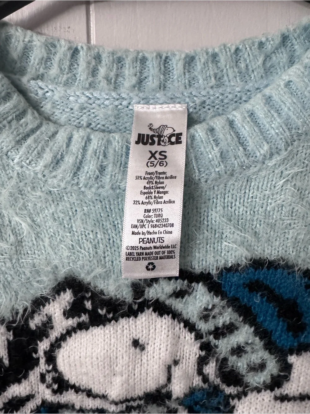Justice Light Blue Fuzzy Cropped Sweater with Pink & Blue Graphic